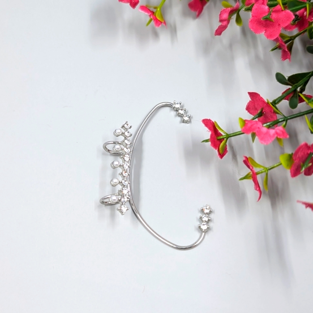 Crystal and Pearl Silver Toned Bling Earrings Cuff